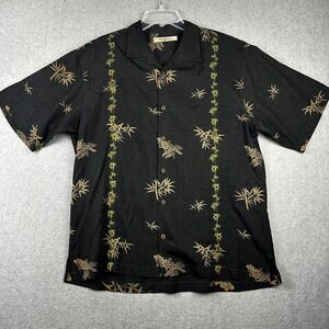 Tommy Bahama Shirt Mens Large Black Silk Bamboo Floral Hawaiian Button Up Camp